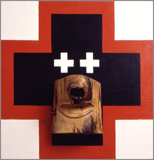 Esoteric Vision W. Logan Fry  Polychromed Found Wood Plywood 1991 Black Cross imperfect physical world of the flesh juxtaposes perfect pure expanding universe of the spirit