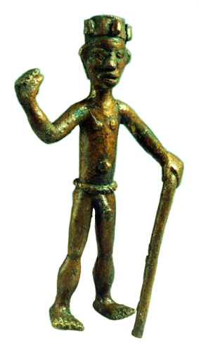 Figure 001001 Ldamie brass caster brass casting Dan 
				Gio people / Liberia male figure with cane collected in 1930 by George W. Harley brass 8 1/4 in. (21 cm) Peabody Museum of Archeology				and Ethnology (Cambridge) No. 30-36-50/B4850