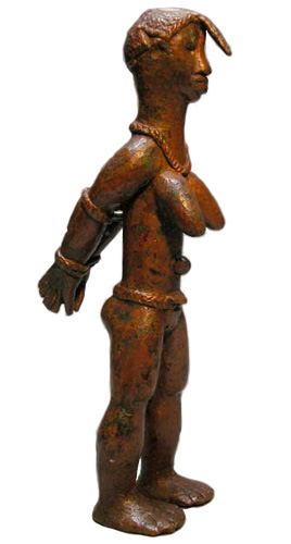 Liberia Ldamie brass figure Figure 001002; Ldamie brass caster brass casting Dan Gio people / Liberia; female slave
in shackles; 1939 or earlier by Claude M. Rupel; brass; 8 11/16 in. (22 cm); Peabody Museum of Archeology and Ethnology (Cambridge);
Gift of Dr. Thomas Jones; No. 43-28-50/5856.1