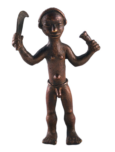 Figure 004001 Ldamie brass caster brass casting Dan 
				Gio people / Liberia; male figure with knife; ca. 1920-1950; brass; 7 5/16 in. (18.5 cm); San Francisco Museum of Fine Arts; Gift of 
				Robert and Barbara Johnson ; No. 1994.171.1