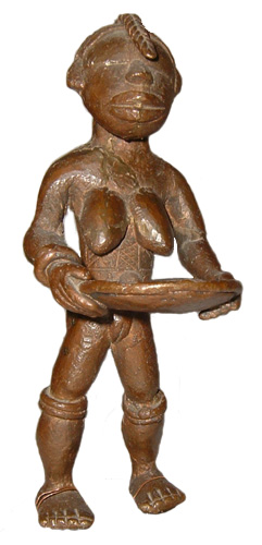 Liberia Ldamie brass figure Figure 007001; Ldamie brass caster brass casting Dan Gio people / Liberia; female figure winnowing rice; collected in 1934-1935; by Walter Logan Fry; brass; 7 1/2 in.
(19 cm); Collection of William Logan Fry ; No. 007001