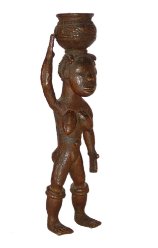 Figure 007002 Ldamie brass caster brass casting Dan Gio people / Liberia; female figure carrying 
				water; collected in 1934-1935; by Walter Logan Fry;brass; 8 11/16 in. (22 cm); Collection of William Logan Fry; No. 007002