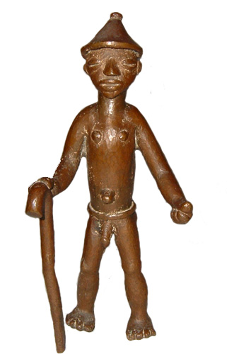 Figure 007005 Ldamie brass caster brass casting Dan 
				Gio people / Liberia; male figure with cane; collected in 1934-1935 by Walter Logan Fry; brass; 7 9/16 in. (19.1 cm); Collection of 
				William Logan Fry; No. 007005