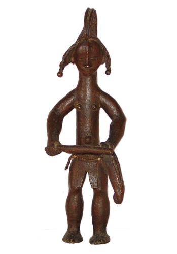 Liberia Ldamie brass figure Figure 007006; Ldamie brass caster brass casting Dan
Gio people / Liberia; male figure with slit drum; collected in 1934-1935 by Walter Logan Fry; brass; 10 11/16 in. (27.1 cm); Collection
of William Logan Fry; No. 007006