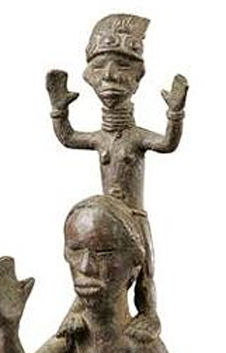 Liberia Ldamie brass figure Figure 009001; Ldamie brass caster brass casting Dan
Gio people / Liberia; male acrobats; collected in 1962 by Paolo Morigi; brass; 11 in. (28.5 cm); Collection of William Logan Fry; No. 009001
