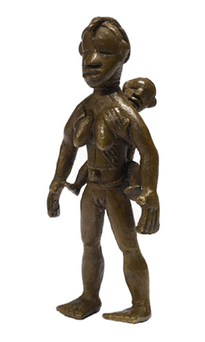 Liberia Ldamie brass figure Figure 0009002 Ldamie brass caster brass casting Dan Gio people
/ Liberia; female figure carrying child;
collected by Walter Wilson, Firestone employee, 1926-30; 7 1/4 in. (18.4 cm); Collection of William Logan Fry