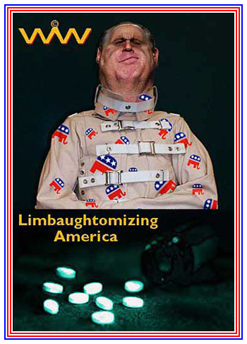 Rush Limbaugh straight jacket Republican Party RNC 
                Republican National Committee elephant Limbaughtomizing America Oxycontin drugs drug abuse pain killers
                Wizard of Whimsy